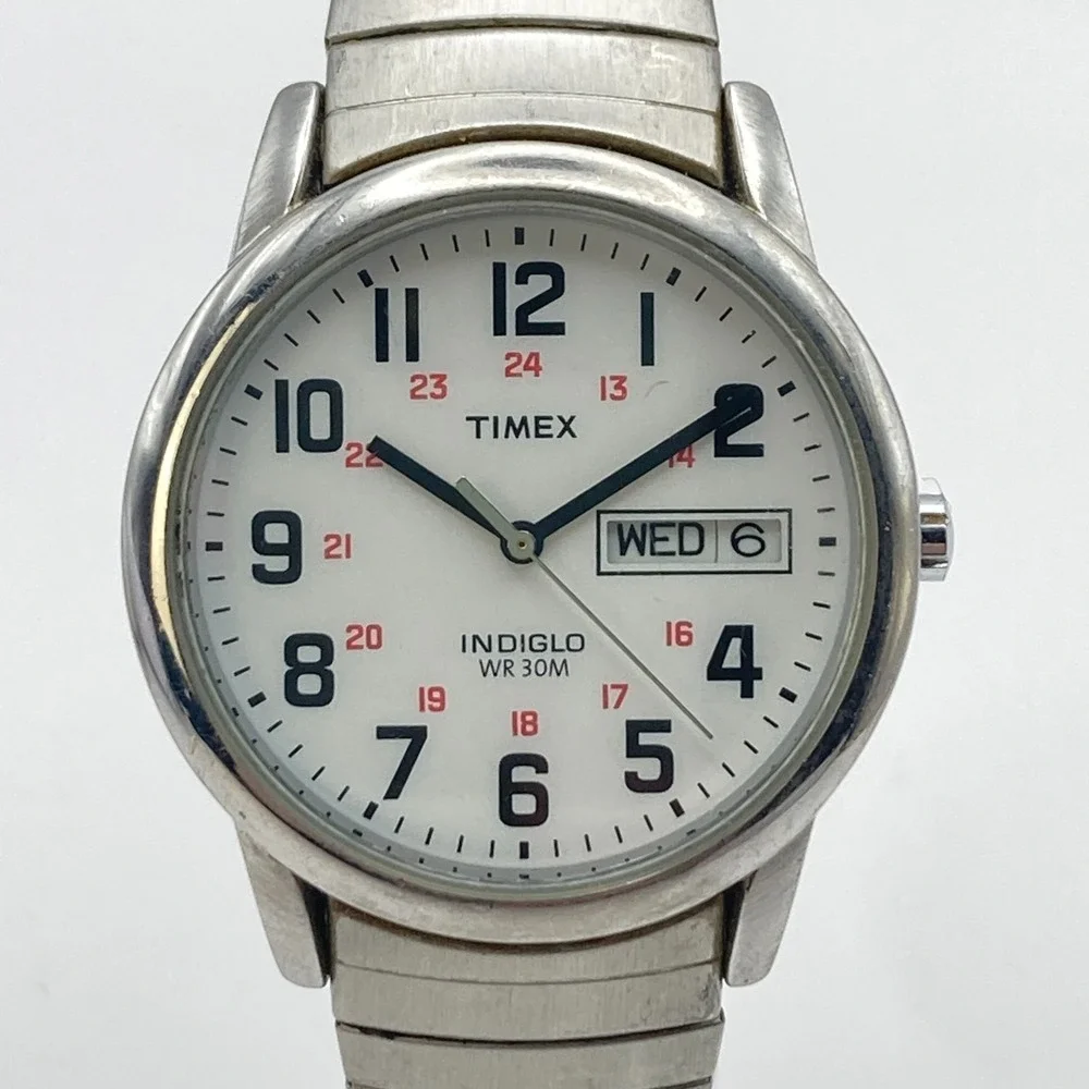 Timex Easy Reader Men's Watch 35mm Silver Tone Indiglo Stretch Band New Battery